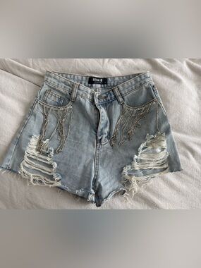 Light Wash Distressed Denim Shorts with Beaded Detail